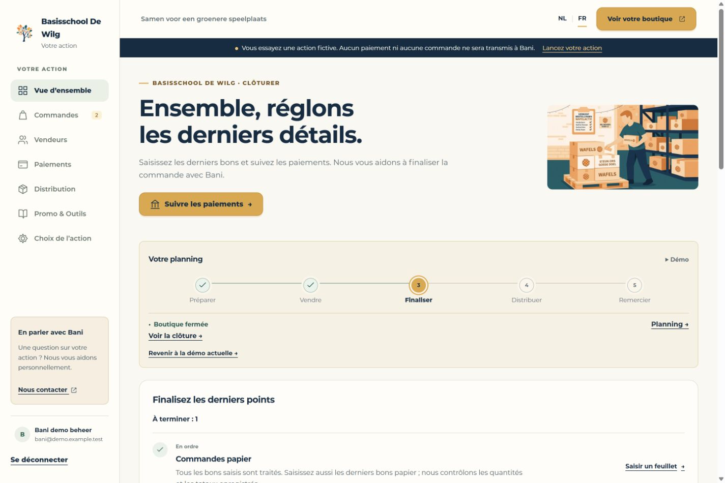 Côté organisation · Finaliser · Données d’exemple