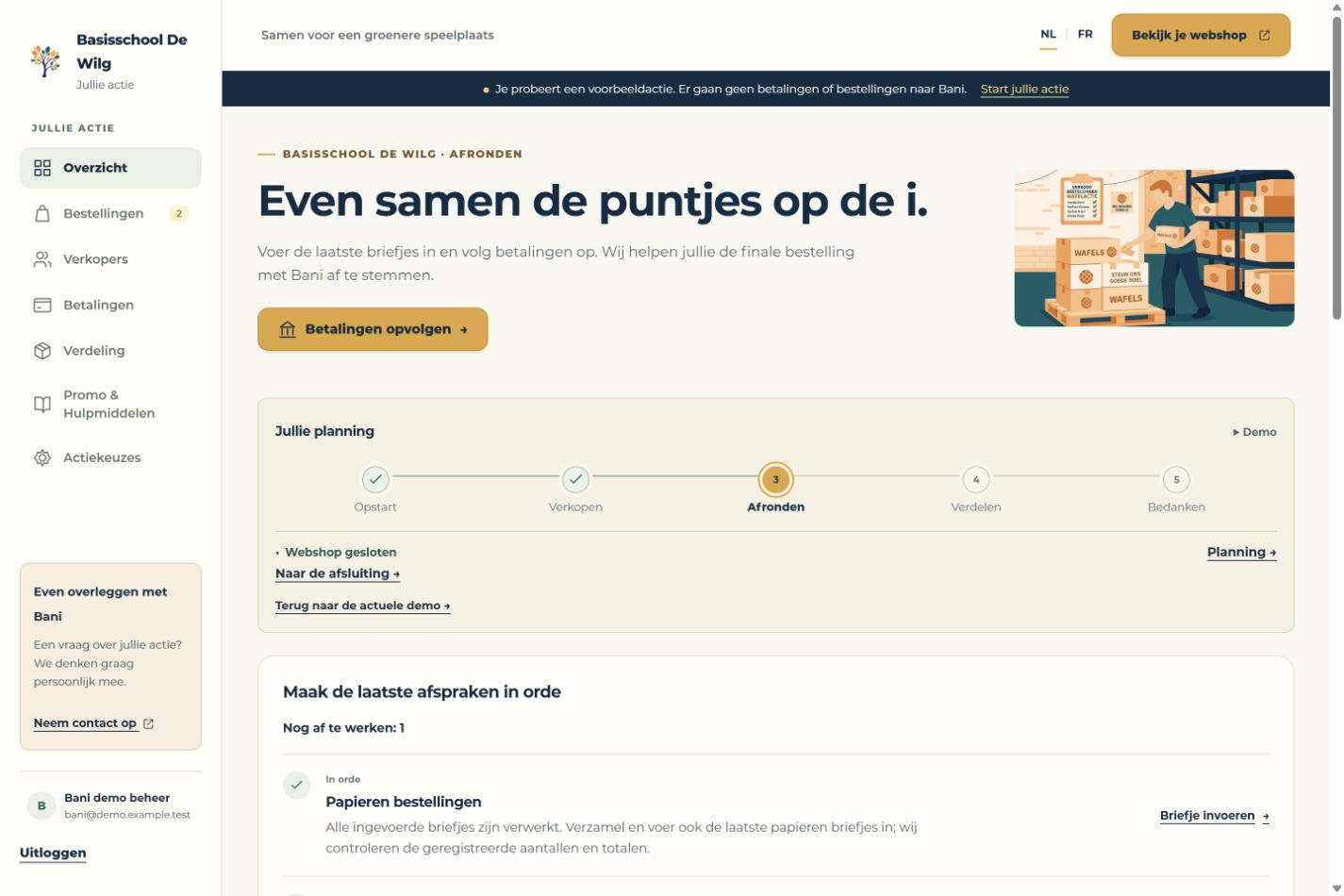 Als organisatie · Afronden · Voorbeeldgegevens