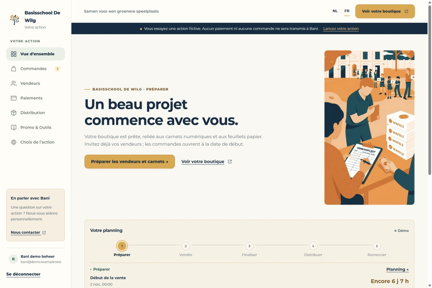 Côté organisation · Préparer · Données d’exemple