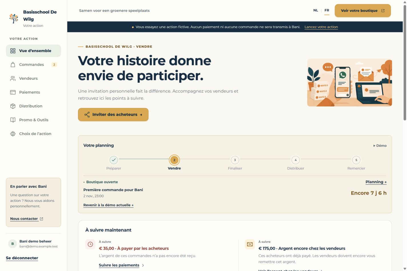 Côté organisation · Vendre · Données d’exemple