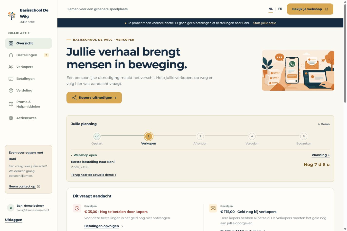 Als organisatie · Verkopen · Voorbeeldgegevens