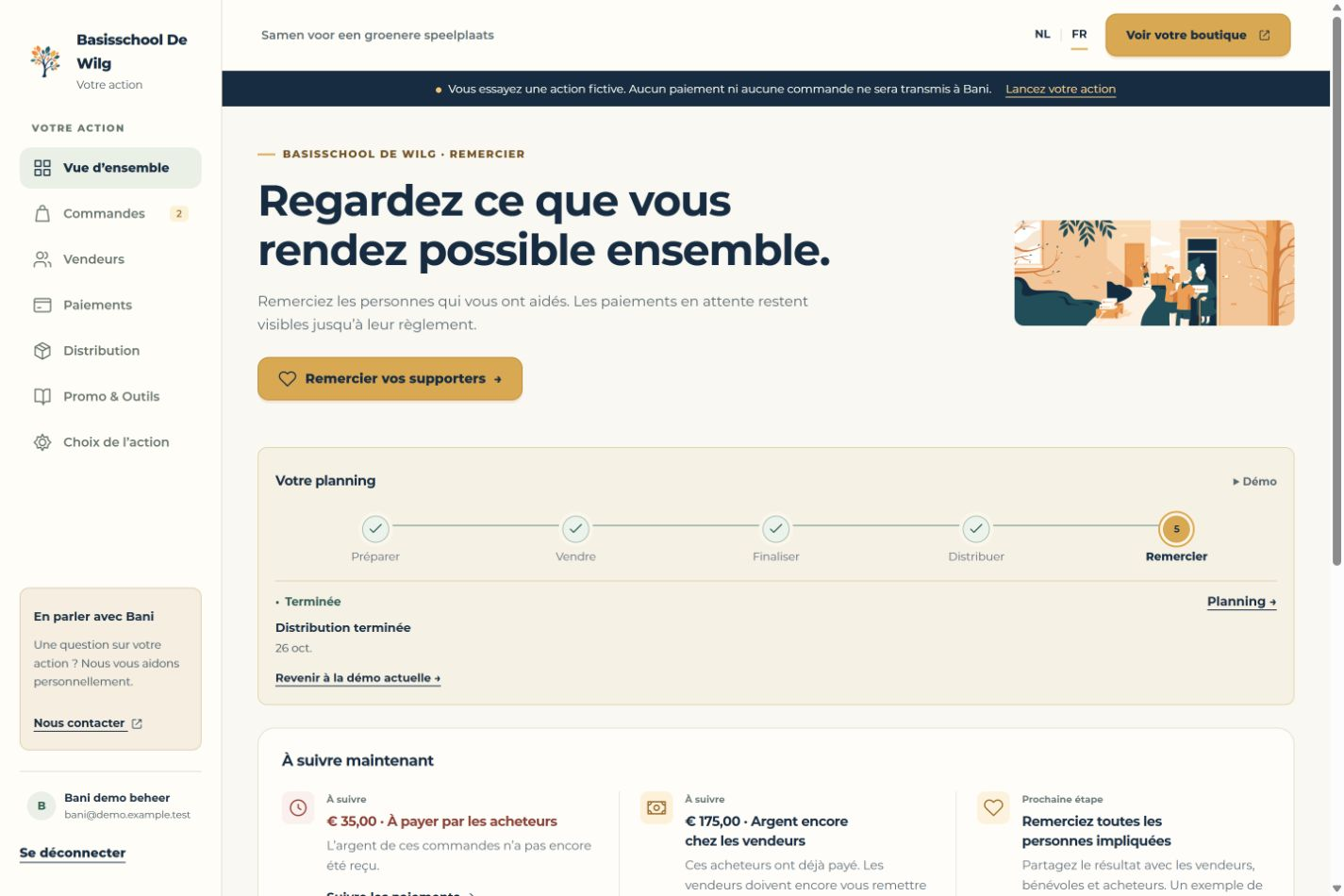 Côté organisation · Remercier · Données d’exemple